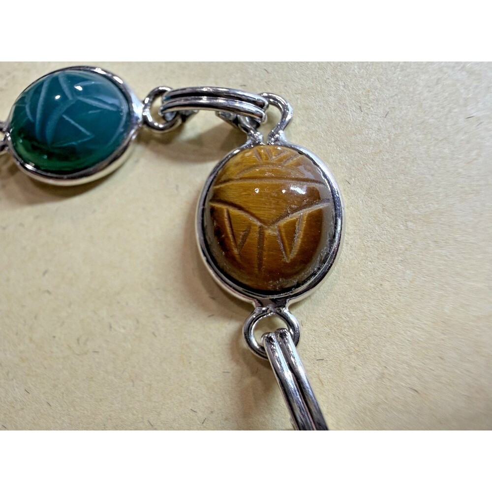 Vintage Egyptian Scarab Bracelet Signed A&Z Ster 6 Carved Stones Rare - Picture 9 of 16